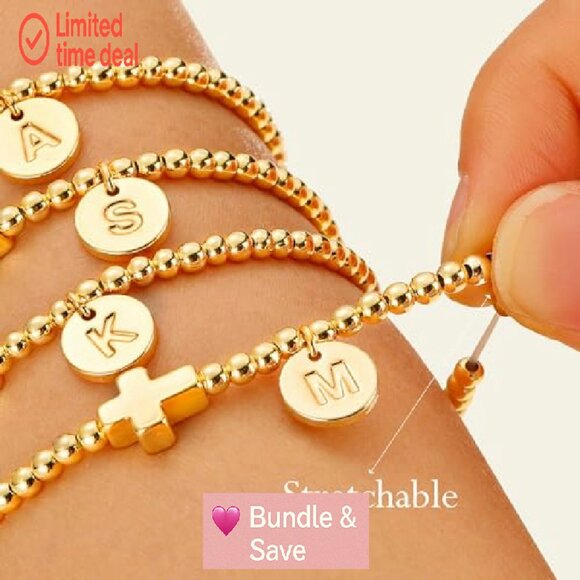 Gold Cross Initial Bracelet Dainty Stretch 6.5in Religious Jewelry Gift - Picture 5 of 8